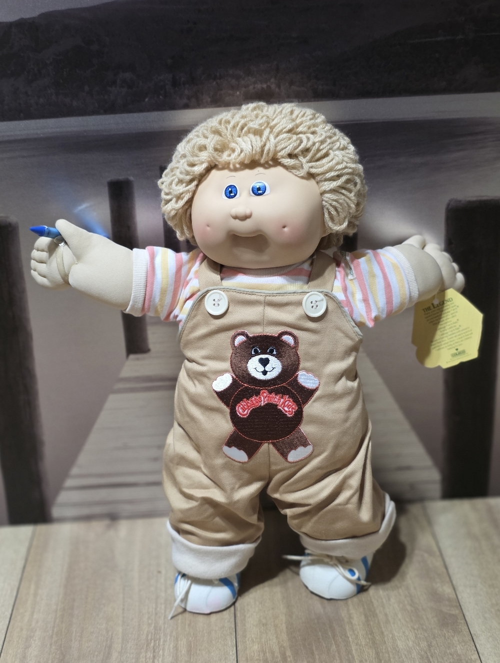Beige Cabbage Patch Kids Style Plush Doll with Striped Shirt Vintage 1978, 1982